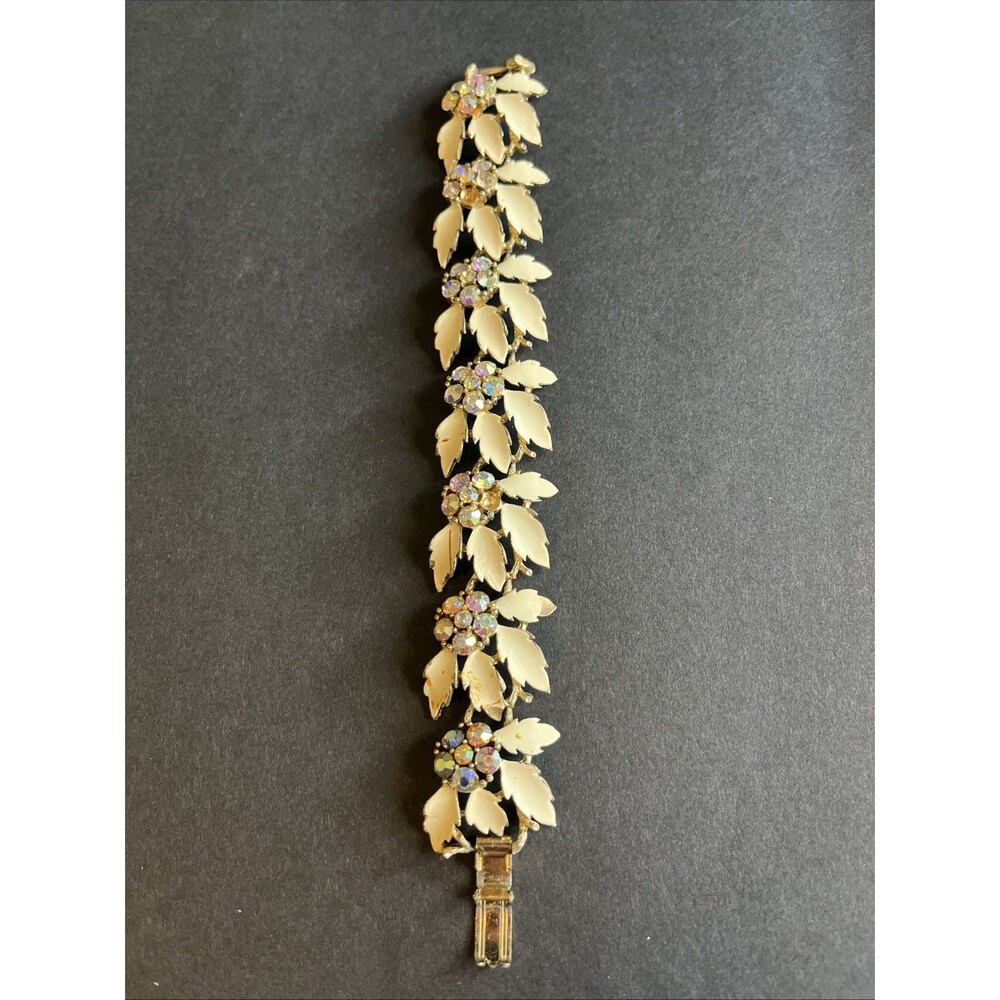 Vintage Lisner Bracelet Cream Leaf Gold Tone Link Rainbow AB Rhinestones MCM